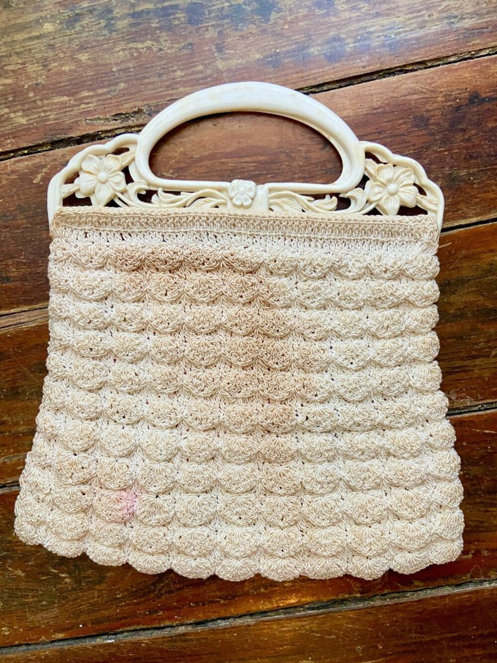 1930's Vintage Purse Macrame Popcorn Crochet W/Celluloid Flower-Themed Handles